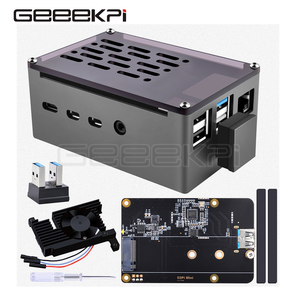 Pi 4 Case - GeeekPi อลูมิเนียมอิฐสีดำเปลือก M.2 SATA SSD ปรับความเร็ว3510พัดลมทำความเย็นสำหรับ